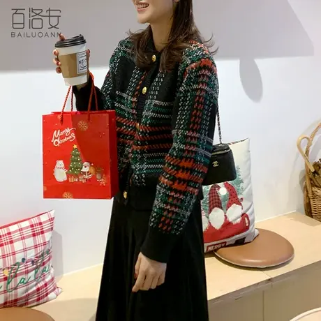 百洛安复古撞色格纹针织开衫女外搭秋冬时尚宽松圆领长袖毛衣外套图片