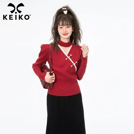 洋气挂脖交领针织衫女内搭外穿2023春装新款中式盘扣修身红色毛衣商品大图