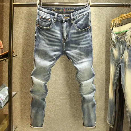 高端水洗牛仔裤男款修身小直筒弹力长裤秋冬款复古蓝色百搭裤子男图片