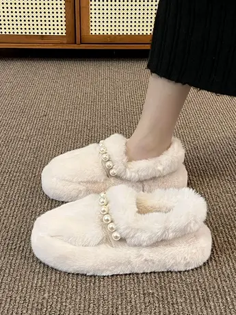 网红珍珠毛毛棉鞋女冬外穿2023新款百搭厚底一脚蹬豆豆鞋子ins潮图片