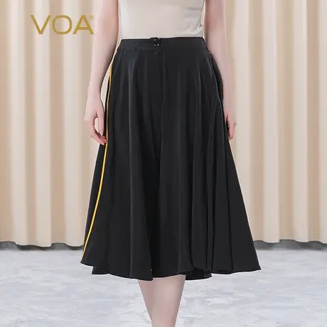 VOA30姆米重磅真丝黑中腰一粒扣金黄撞料镶边七分桑蚕丝阔腿裙裤图片