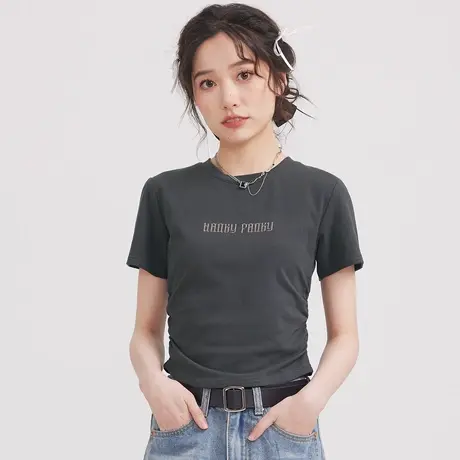 尔给夏季正肩美式t恤小个子修身显瘦短款上衣女设计感小众独特图片