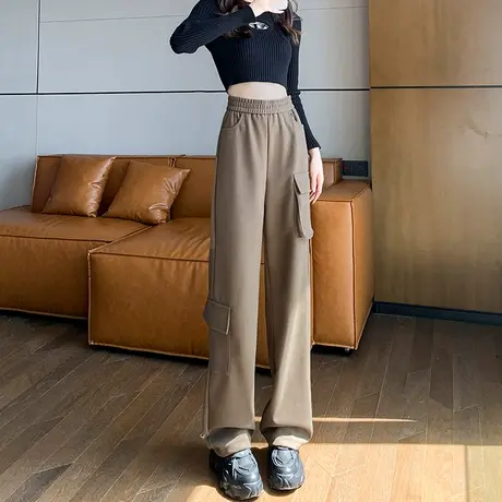 直筒工装裤女秋冬2023新款高腰宽松休闲垂感咖色卫裤针织阔腿裤子商品大图