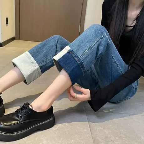 撞色高腰直筒牛仔裤女宽松设计感2024春秋新款复古九分卷边烟管裤商品大图