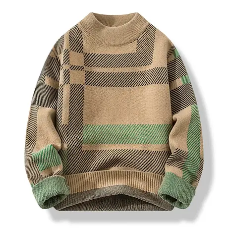 秋冬季毛衣男士潮流条纹水貂绒加厚半高领打底针织衫青年保暖线衣商品大图