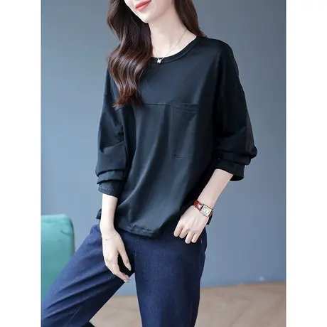 宝诗黎圆领棉质落肩长袖T恤2024春季新款大码纯色宽松休闲上衣女商品大图