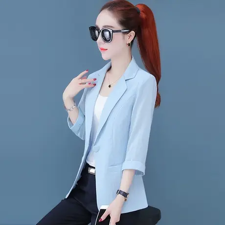 七分袖条纹西装修身小西服女上衣2025春季新款短款休闲薄外套显瘦商品大图