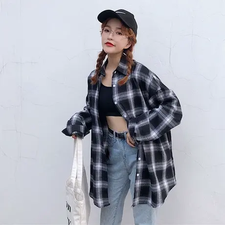 宽松韩范格子衬衫女2023早秋新款原宿风长袖ins学生chic上衣慵懒商品大图