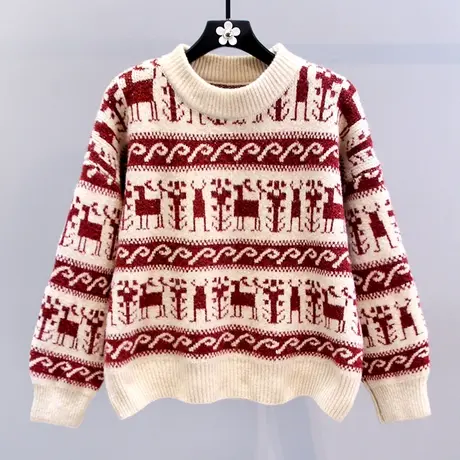 复古新年圣诞小鹿红色毛衣女冬季2023新款宽松加厚慵懒针织衫上衣商品大图