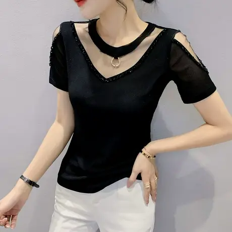 网纱拼接短袖女夏欧货性感镂空t恤2024流行时尚钉珠小衫修身上衣商品大图