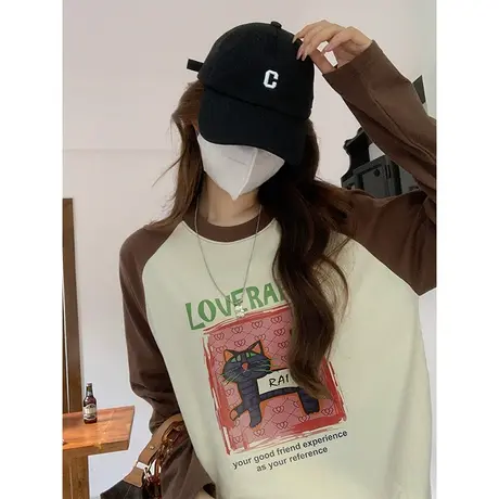 撞色插肩百搭小众爆款纯棉2023秋冬新款宽松插肩长袖t恤女休闲ins图片