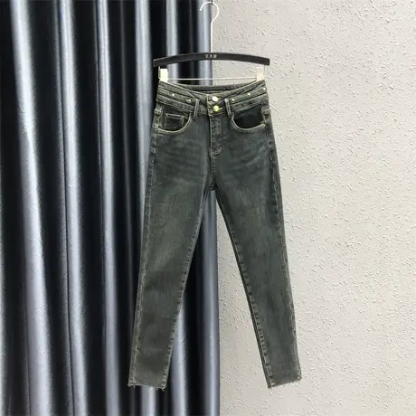 欧货复古铅笔裤女2023秋冬新款双排扣设计感高腰百搭加绒牛仔长裤图片