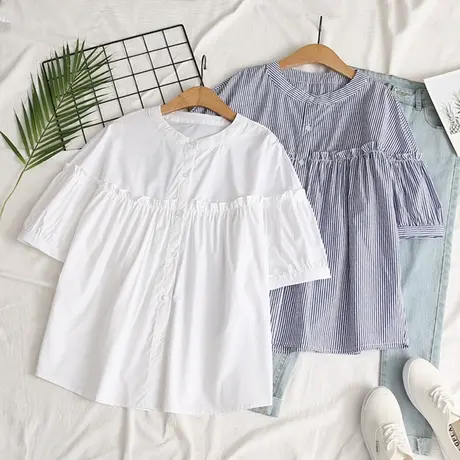 夏装新款日系文艺小清新木耳花边立领短袖衬衫女宽松白色中袖上衣图片