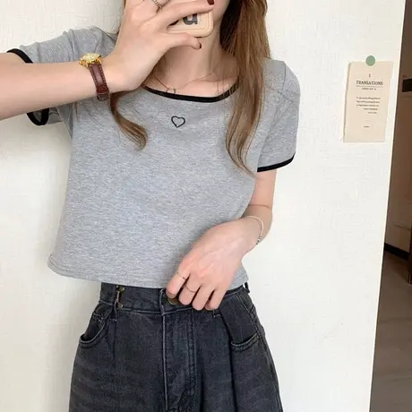 方领撞色拼接针织衫短袖修身T恤女2024春夏新款百搭螺纹打底上衣图片