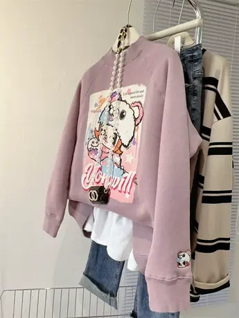 卫衣女加绒加厚半高领秋冬2023新款复古趣味宽松上衣套头高货韩系图片