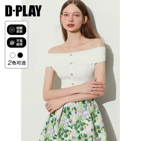 DPLAY夏法式赫本风弹力重工勾花花边一字肩露肩针织上衣商品大图