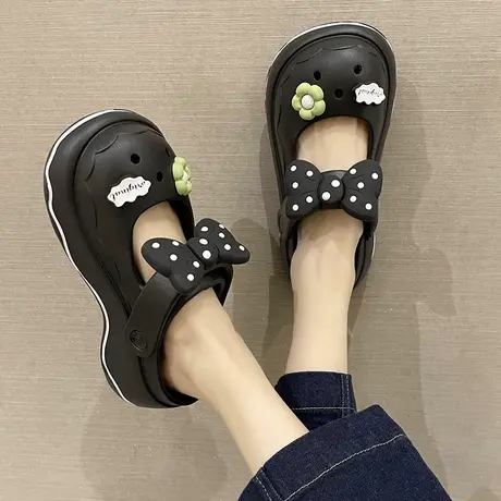 可爱蝴蝶结玛丽珍洞洞鞋女夏季厚底外穿踩屎感防滑包头两穿凉拖鞋商品大图