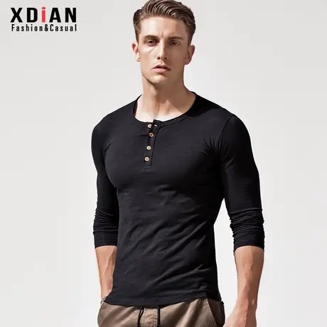 亨利衫男士长袖亨利领紧身纯棉T恤体恤秋衣修身打底衫开领秋冬季商品大图