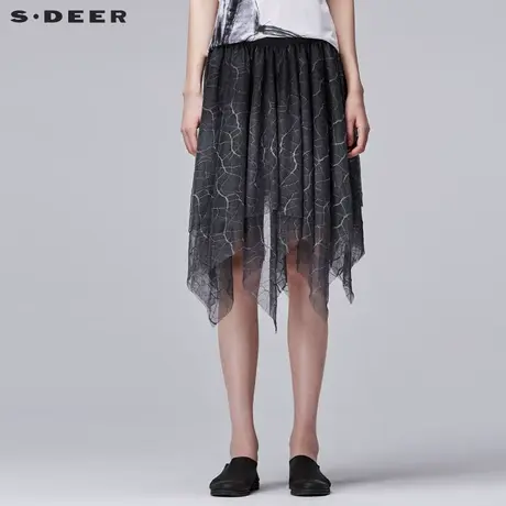 sdeer圣迪奥2019夏装裂纹印花不规则网纱松紧休闲半身裙S17281341图片