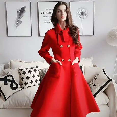 【直播】粉红大布娃娃双面呢大衣女英伦风红色中长款风衣外套图片