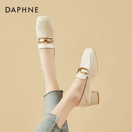达芙妮深口法式高跟鞋粗跟舒适不累脚夏季2021年新款方头白色单鞋图片
