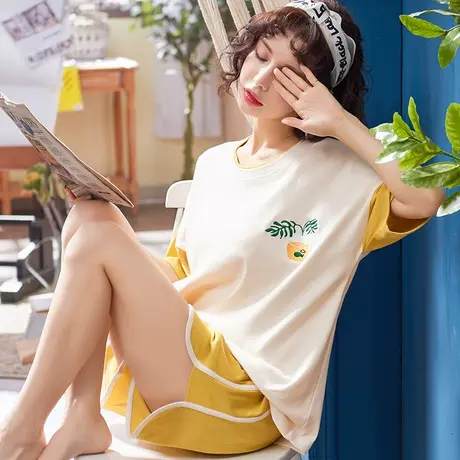 纯棉睡衣女短袖短裤两件套装夏季薄网红可爱韩版休闲可外穿家居服商品大图