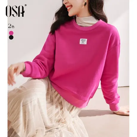 OSA欧莎黑色圆领套头加绒加厚短款卫衣女秋冬季2023年新款小个子图片
