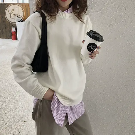 yoe粉色甜美百搭牛油果绿上衣圆领宽松网红套头简约毛衣女图片