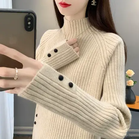 2024年秋冬新款宽松半高领针织衫女长袖纯色软糯毛衣女加厚打底衫商品大图