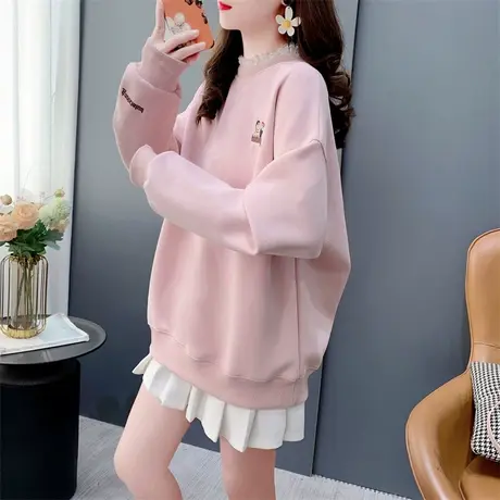 设计感蕾丝领拼接刺绣圆领卫衣女2024年早春新款宽松洋气减龄上衣图片