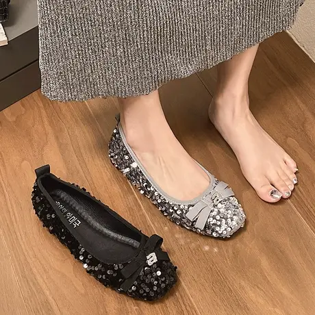 蝴蝶结闪闪亮片单鞋女平底2024早春新款法式气质粗跟浅口芭蕾鞋子商品大图