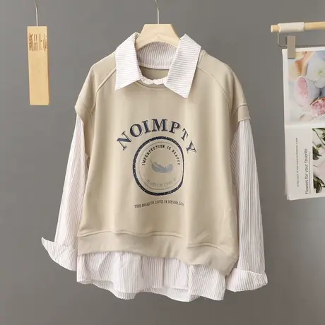 早春卫衣条纹衬衫假两件套女装2024年新款春秋季学院风别致上衣潮图片