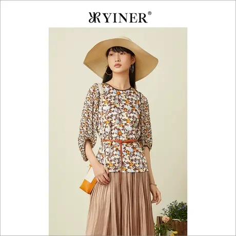 YINER音儿女装2022夏季时尚蚕丝碎花圆领衬衫商品大图