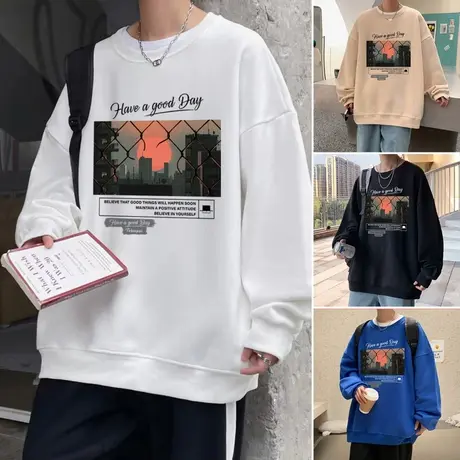 ins潮牌美式城市风景印花秋冬季圆领卫衣男宽松落肩大码情侣上衣商品大图