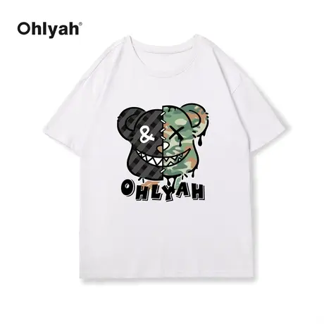 Ohlyah春夏新款布偶拼接小熊印花短袖t恤女纯棉大码宽松情侣体恤商品大图