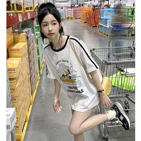 [兔八哥联名]黑白撞色短袖T恤女唐狮2023夏季新款卡通印花上衣潮x商品大图