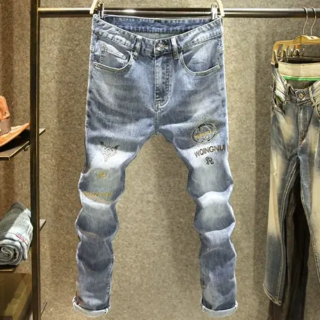 潮牌刺绣弹力牛仔裤男新款春季2024修身小脚裤高端烫钻水洗裤子男商品大图