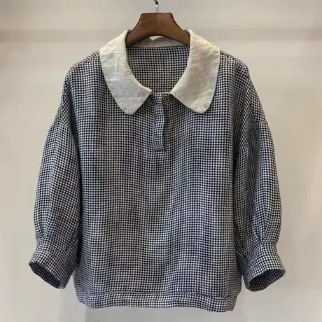 享永子【简约文艺】娃娃领七分袖亚麻衬衫格子上衣套头春夏新款图片