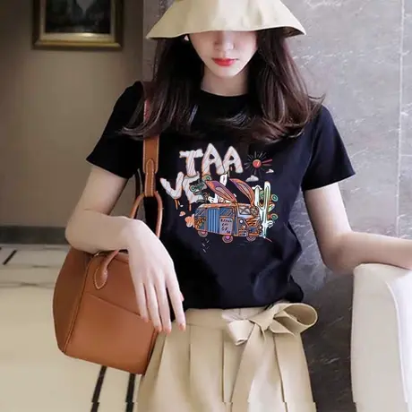 圆领黑色正肩打底t恤女纯棉短袖新款2024夏季修身内搭打底半袖衣商品大图