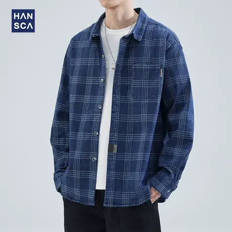hansca春季格子长袖衬衫男日系复古宽松翻领大码休闲工装夹克外套商品大图