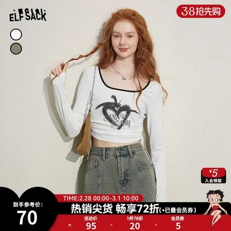 妖精的口袋bm风长袖短款t恤女2024早春新款美式复古修身辣妹上衣商品大图