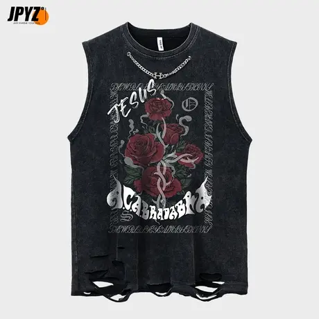 美式高街休闲运动篮球潮牌宽松无袖T恤纯棉重磅坎肩背心男士夏季商品大图