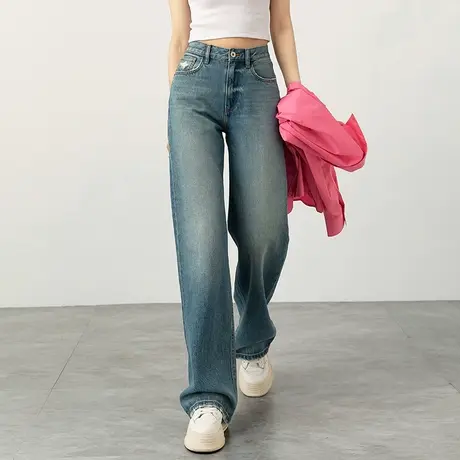 莱赛尔天丝棉裤子高腰阔腿牛仔裤女2024新款显瘦拖地裤窄版直筒裤商品大图