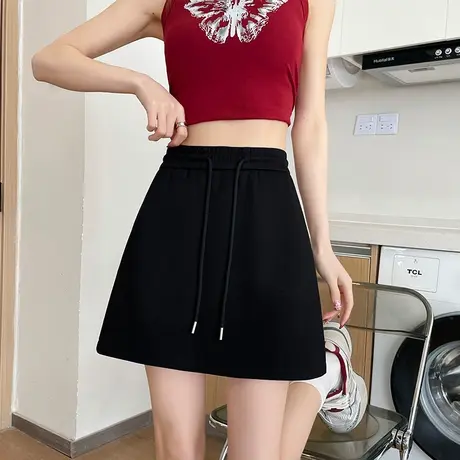 休闲短裙女夏季2024新款高腰小个子黑色显瘦A字防走光内衬包臀裙图片