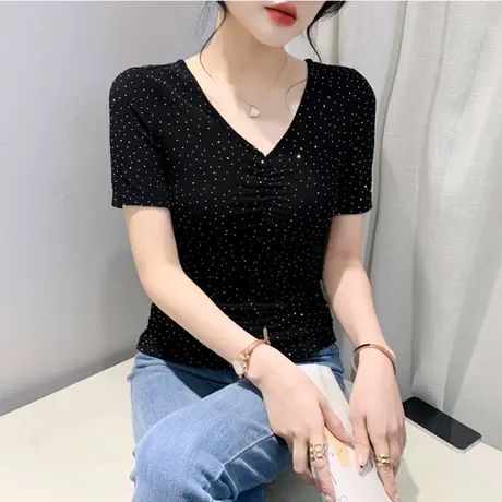 欧货女装网纱气质镂空V领设计感镶钻收皱短袖打底衫上衣修身T恤潮商品大图