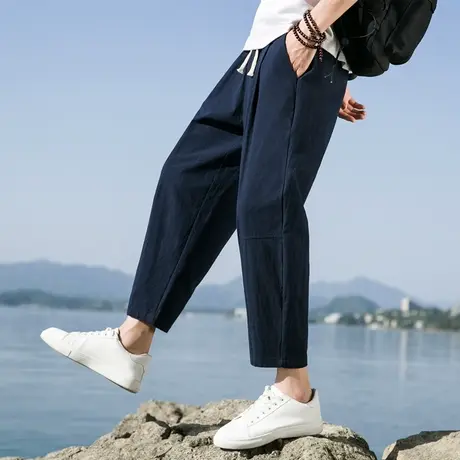 日系纯色亚麻裤子男夏季薄款胖子大码直筒宽松阔腿棉麻九分休闲裤商品大图