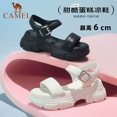 骆驼夏季女简约中跟防水台露趾真皮凉鞋增高小个子松糕厚底高跟鞋图片