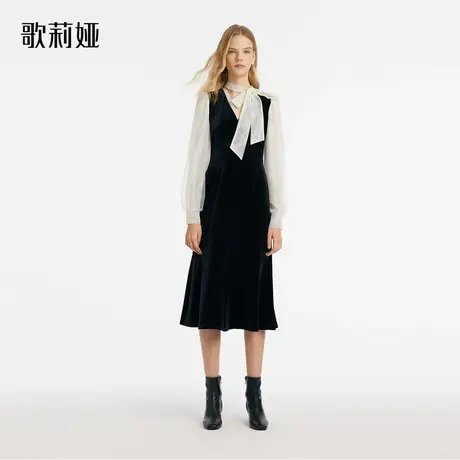 歌莉娅连衣裙女春季新款高级感气质蕾丝拼接黑色丝绒裙1C1R4H470图片