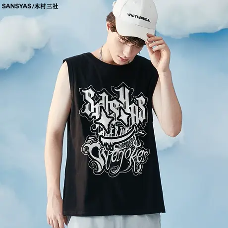木村三社国潮印花运动无袖背心男潮牌ins纯棉宽松夏打底坎肩汗衫图片