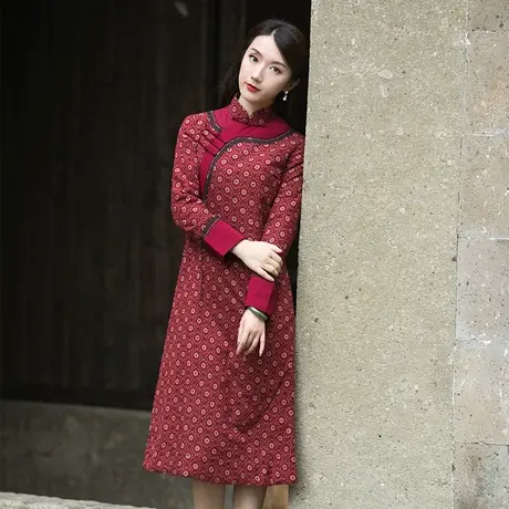 筠雅棉旗袍冬款加厚长款夹棉过年喜庆原创盘扣复古洋气民族风女装图片